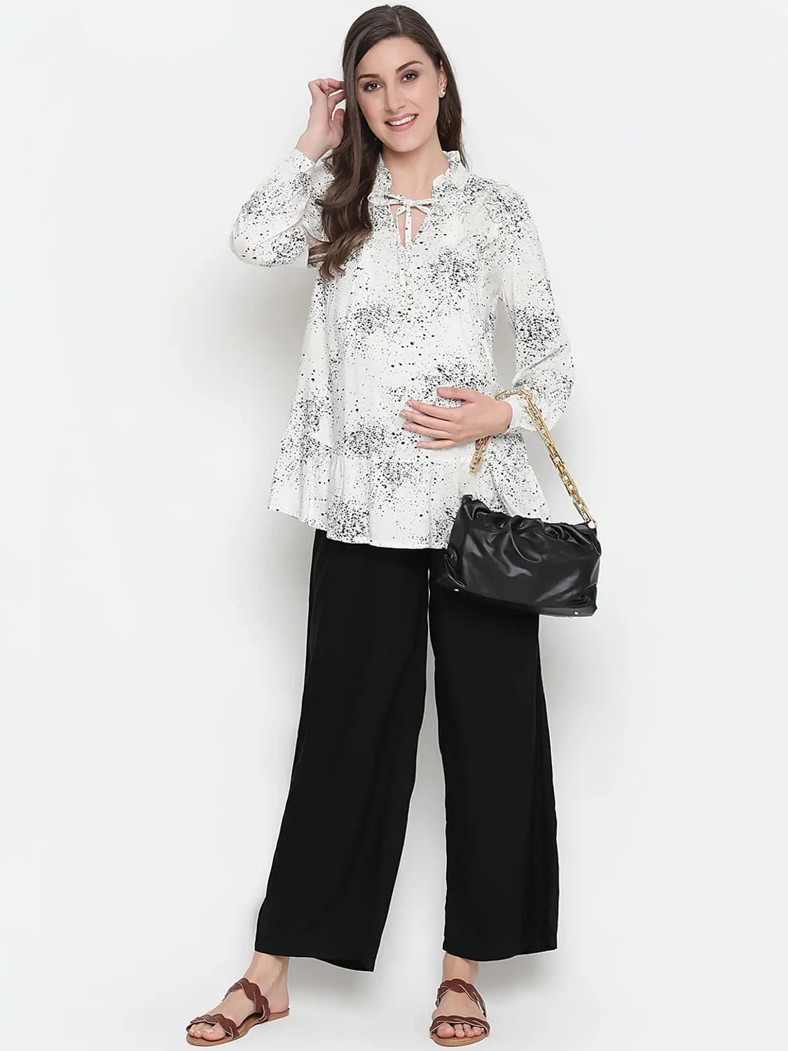 Oxolloxo Black Floral Print Tie -Knot Maternity Tunic