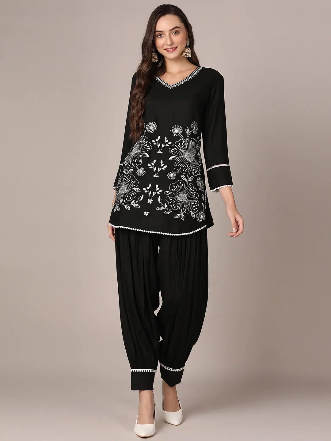 Ahika Women Black Viscose Rayon Solid Thread Work Tunic with Trousers