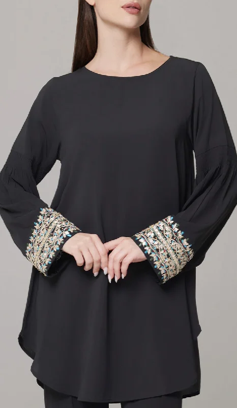 Esme Gold Embellished Formal Long Modest Tunic - Black - PREORDER (ships in 2 weeks)