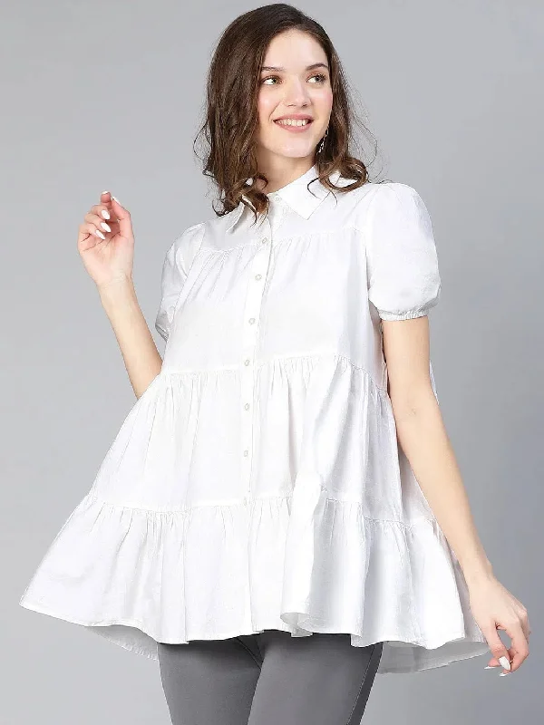 All Day White Button - Down Collred Women Cotton Tunic