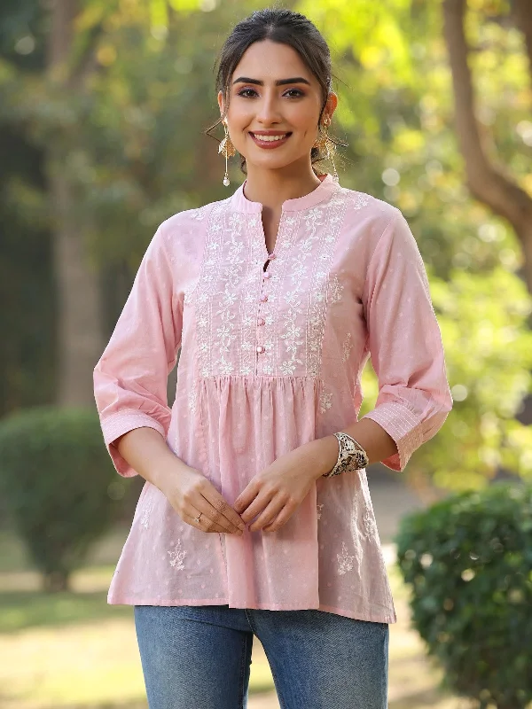 Juniper Women'S Pink Cotton Solid With Embroidered Straight Tunic