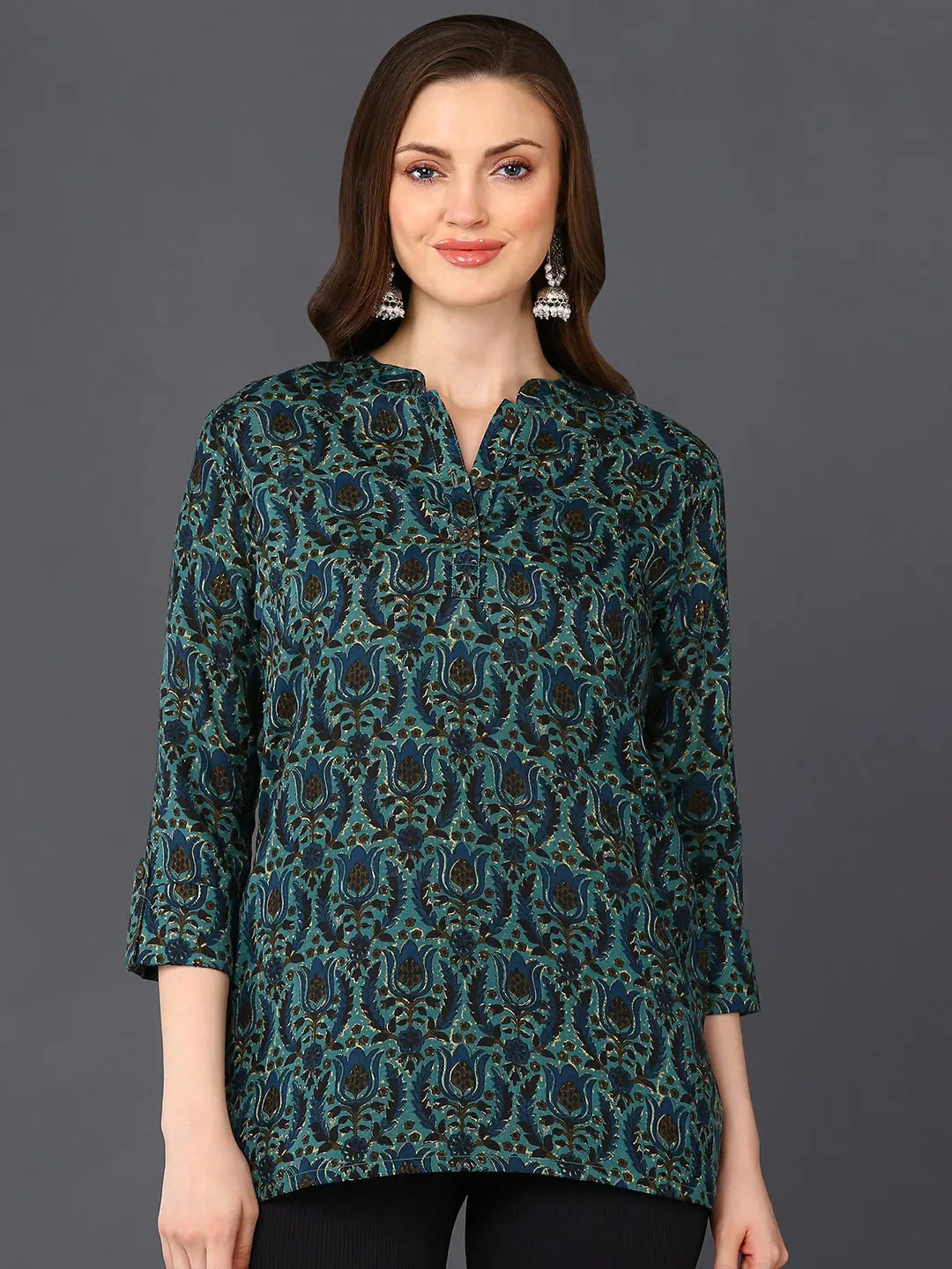 Cotton Blend Teal Green Ethnic Motif Printed Straight Tunic