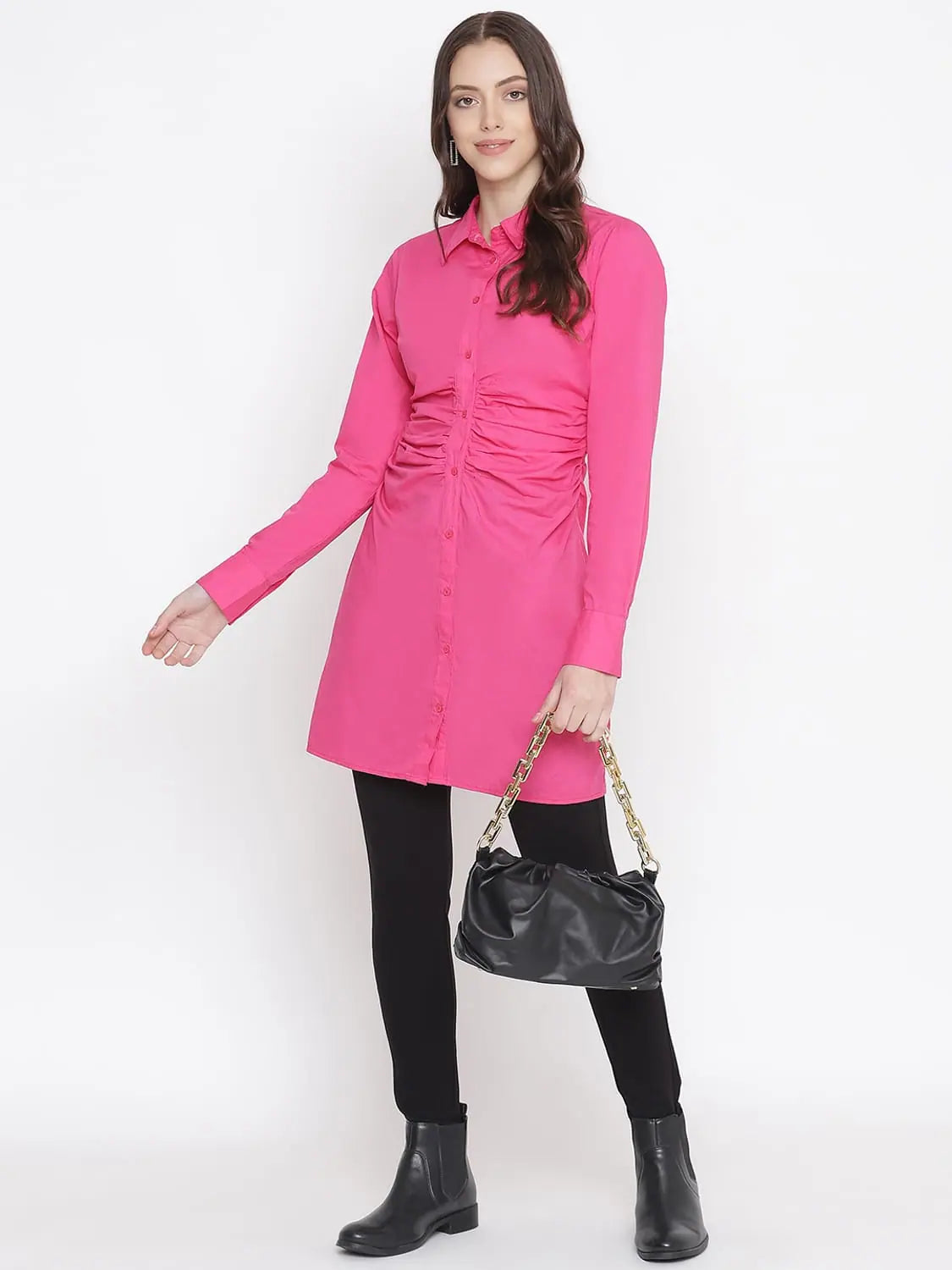 Attractive Pink Button-Down Women Gathered Tunic