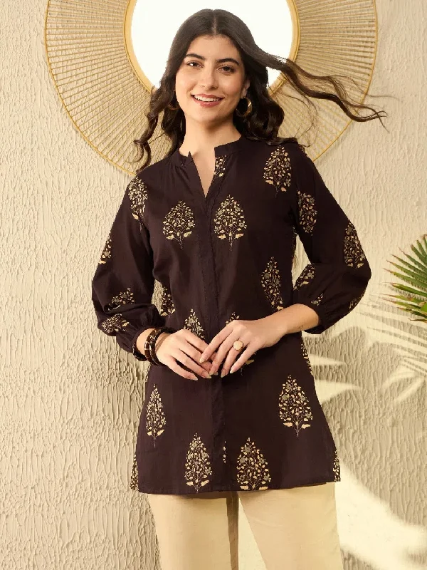 Ahika Women Brown Cotton Blend Ethnic Motifs Printed Regular Tunic-VT1279BRN