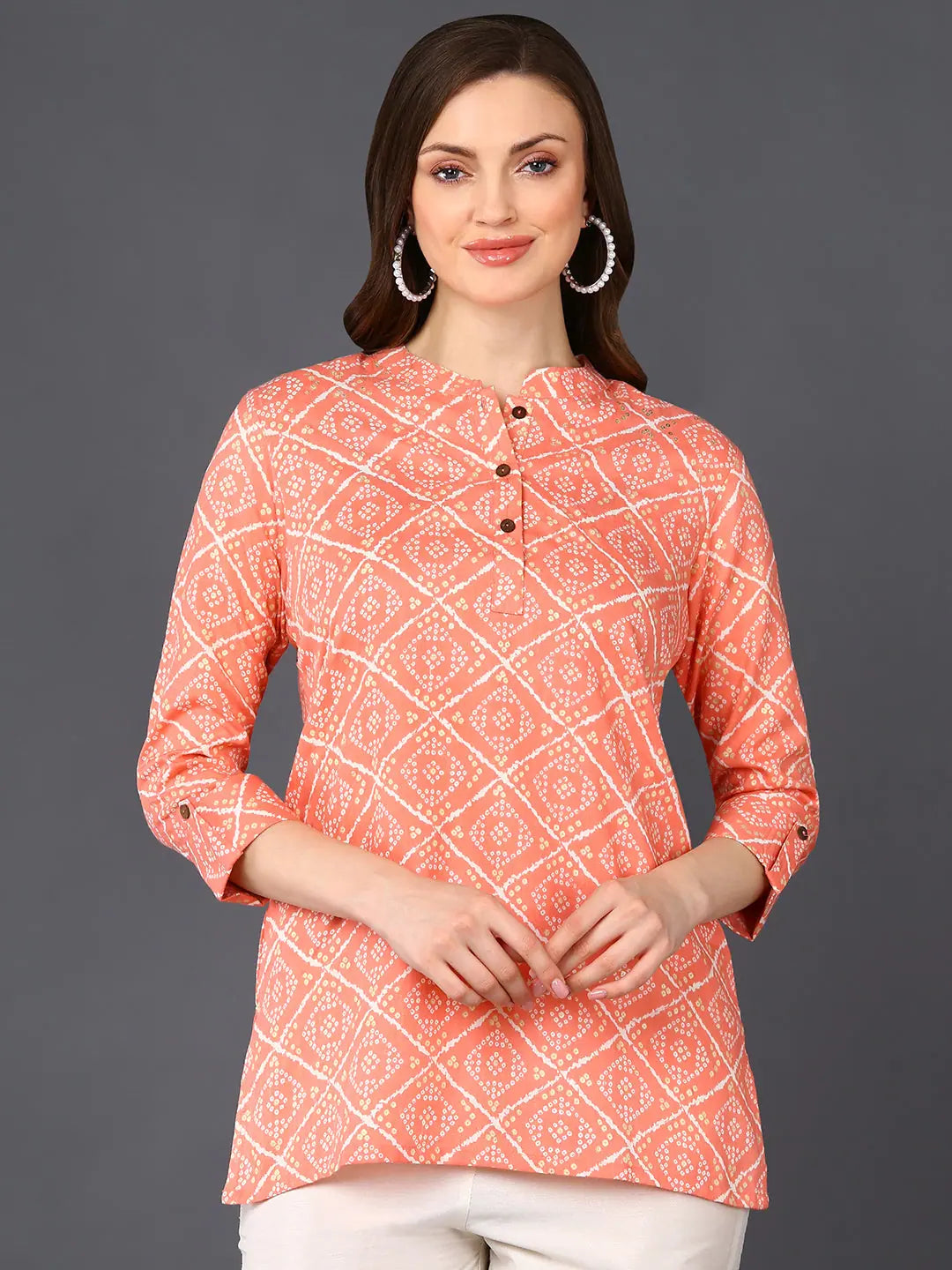 Cotton Blend Peach Bandhani Printed Straight Tunic