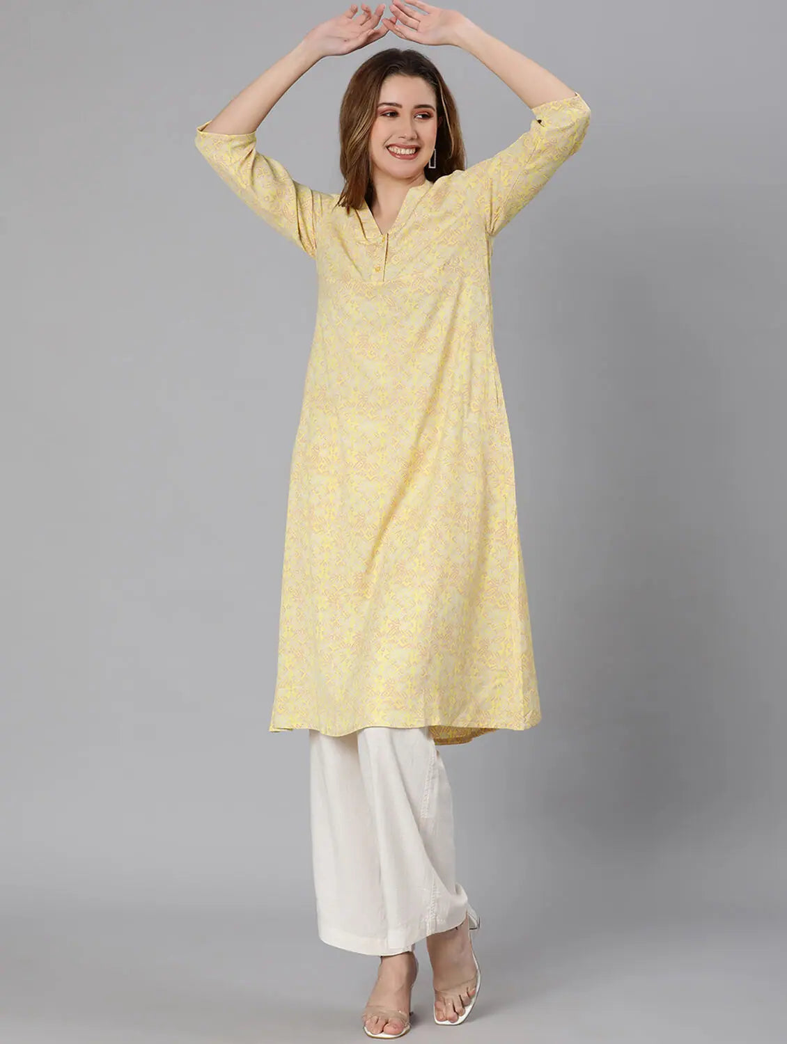 Curled Yellow Floral Print Women Tunic