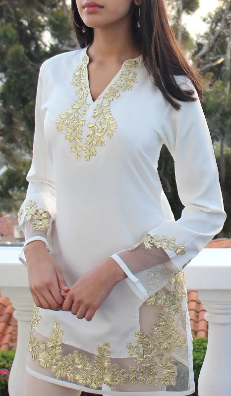 Mahnaz Gold Embellished Long Modest Tunic - Off White - Final Sale