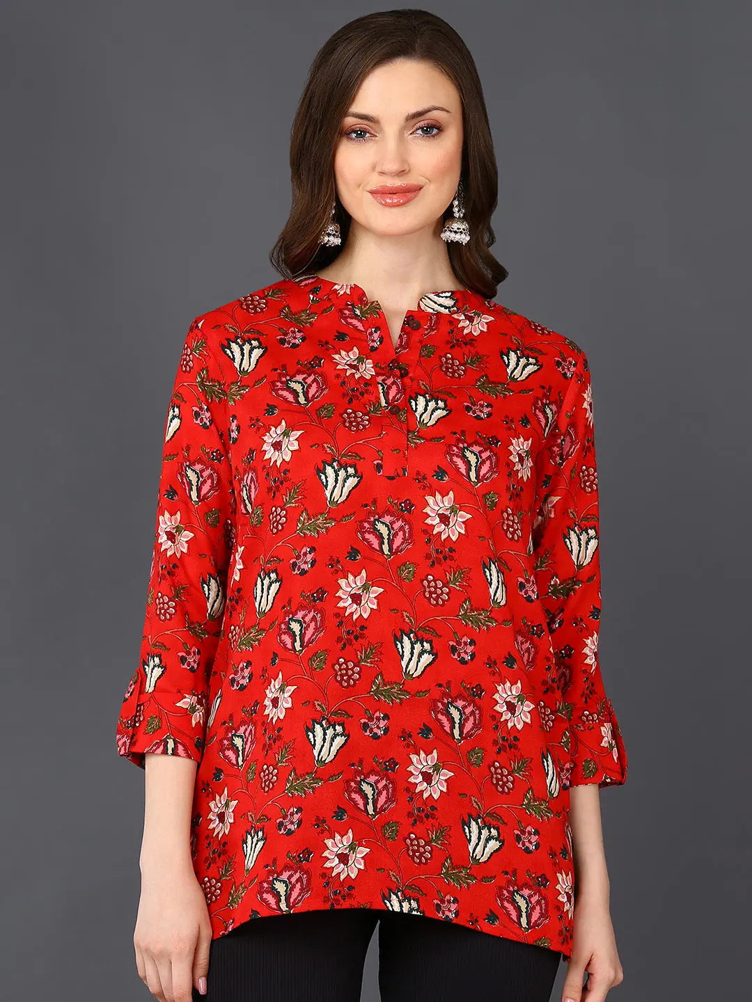 Cotton Blend Red Floral Printed Straight Tunic