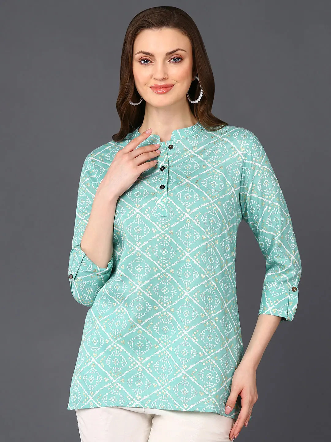 Cotton Blend Mint Green Bandhani Printed Straight Tunic