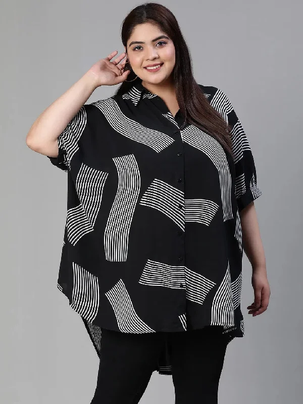 Women Plus Size Printed Button - Down Baggy Style Black Tunic-S23413PBL001