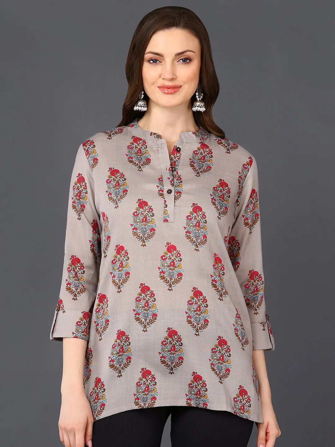 Cotton Blend Grey Ethnic Motif Printed Straight Tunic